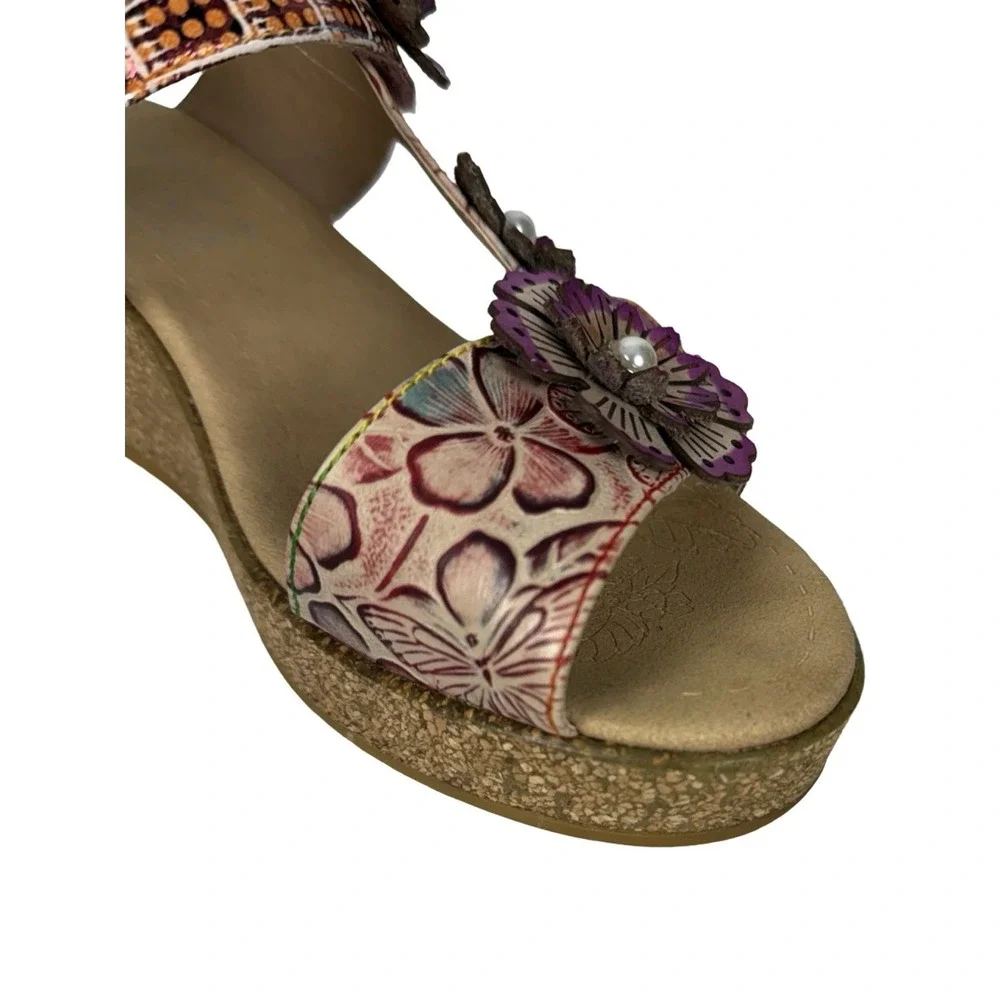 L'artiste Radd Geo Prm Wedge Sandals Heels Multicolor Leather Flower Sz 38/7.5-8